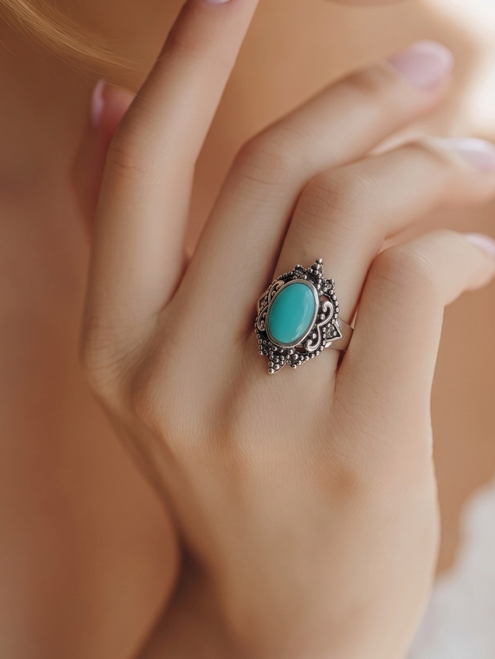 Turquoise Cabochon & Marcasite .925 Sterling Silver Ring 7-3/4